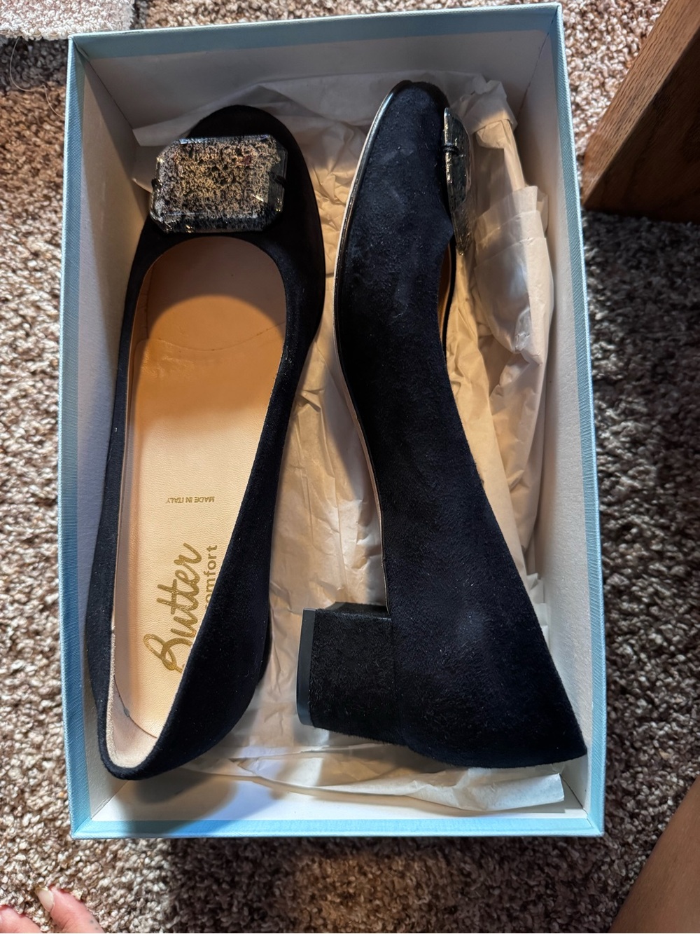 Butter Romance Black Suede Low Block Heel Flats with Decorative Buckle